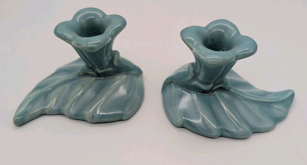 MCM Royal Haeger Blue R-437 Candle Stick Holder Leaf Leaves Set Of 2